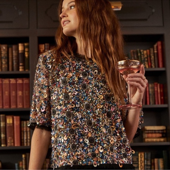 NEW Hunter Bell Shelby Sequin Blouse Black Multi Large - Picture 1 of 8